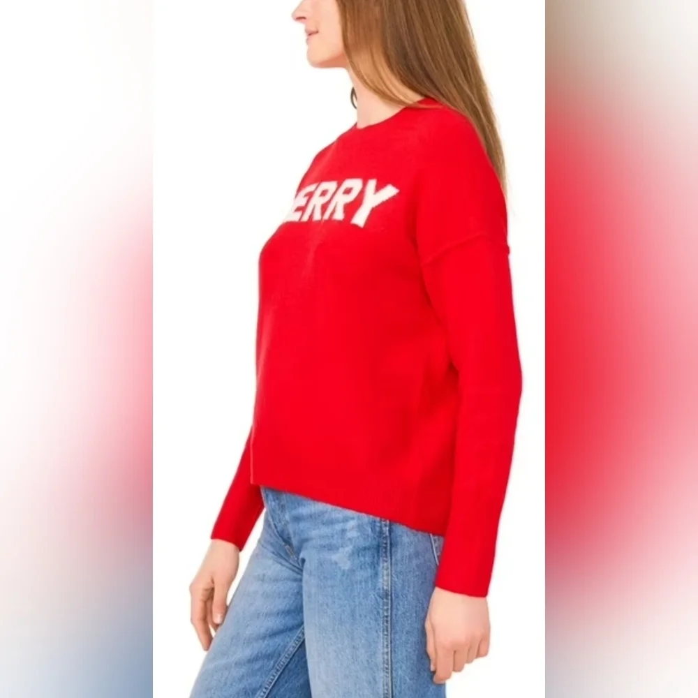 New Vince Camuto Red 'MERRY' Crewneck Holiday Sweater